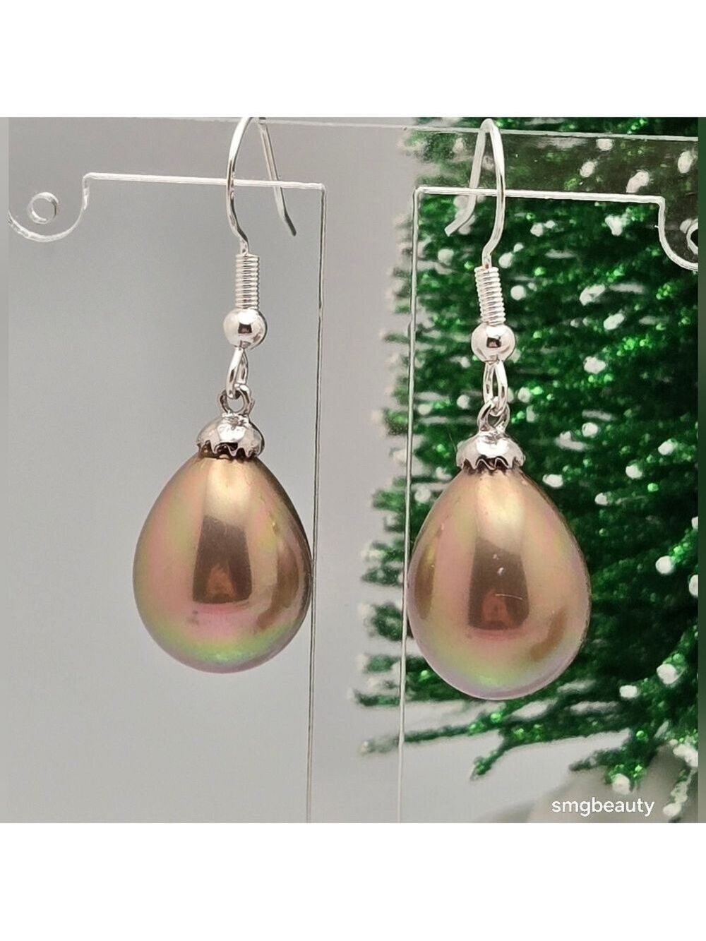 Faux Pearl Drop Earrings w/Sterling Silver Hooks Brown Taupe